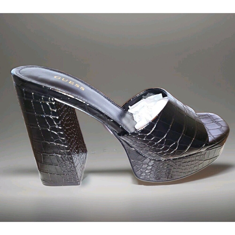 GUESS Jadah Black Croc Platform Sandals Mules Block Heel Women's Size 9 M
